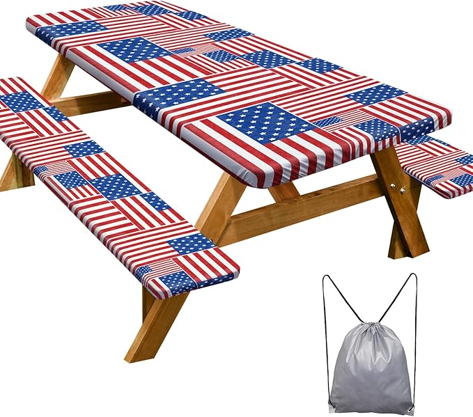 Picnic Table Cover with Bench Covers Camping Essentials Waterproof Windproof Camping Tablecloth with Drawstring Bag, Fitted Rectangle Tables and Seats, 96in, Red Blue White
