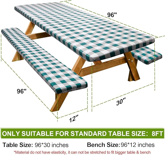 Picnic Table Cover with Bench Covers Camping Essentials Waterproof Windproof Camping Tablecloth with Drawstring Bag, Fitted Rectangle Tables and Seats, 96in, White Green Checkered