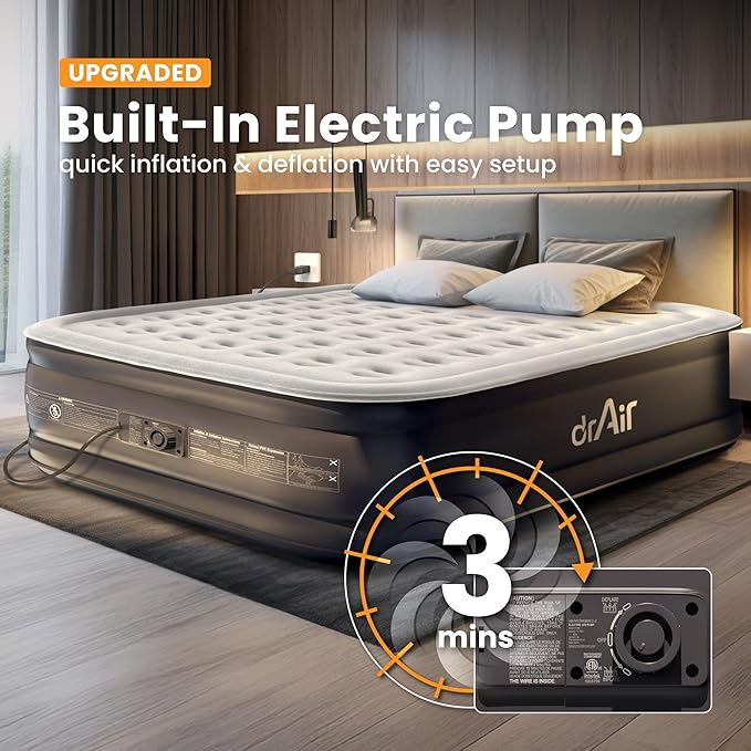 King Air Mattress, 18” Raised Inflatable Bed with Built-in Pump, Waterproof Velvety Top, Ergonomic Design, Reinforced Support, and Carry Bag for Home, Camping, and Guests
