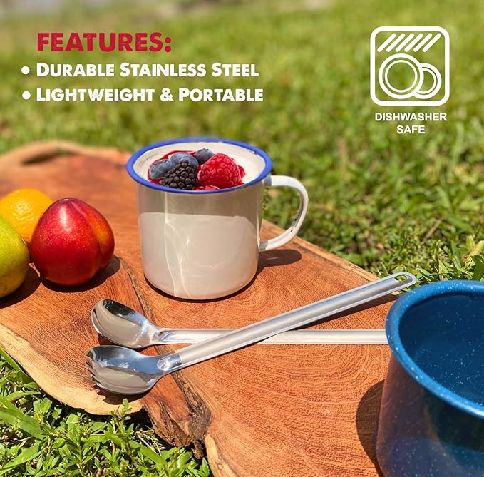 Tapirus - Long Spork and Long Spoon Set - 9.4-inch Long Deep Reach Stainless Steel Eating Utensils for MRE Bag - Keep Hands Clean and Away from Heat - Carry Bag Ideal for Hiking, Camping, Backpacking