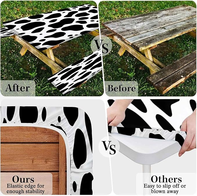CAPSCEOLL Elastic Picnic Table Cover with Bench Covers 5Ft Waterproof Fitted Picnic Table Cover Cloths for Outdoors Camping Tablecloth with Drawstring Bag, 60X30in, Black White
