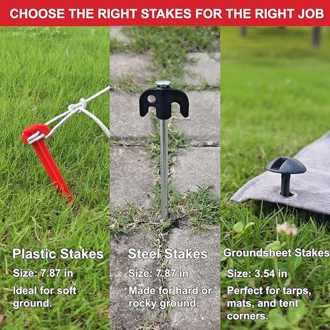 Tent Stakes Kit with Mallet – 33-Piece Camping Peg Set with Rubber Mallet, Plastic & Steel Stakes, Groundsheet Stakes & Peg Puller – Compact Carry Case for Camping, Tents & Canopies