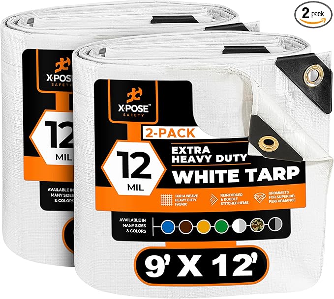 Heavy Duty White Poly Tarp 9' X 12' (2-Pack) - Multipurpose Protective Cover - Durable, Waterproof, Weather Proof, Rip and Tear Resistant - Extra Thick 12 Mil Polyethylene - by Xpose Safety