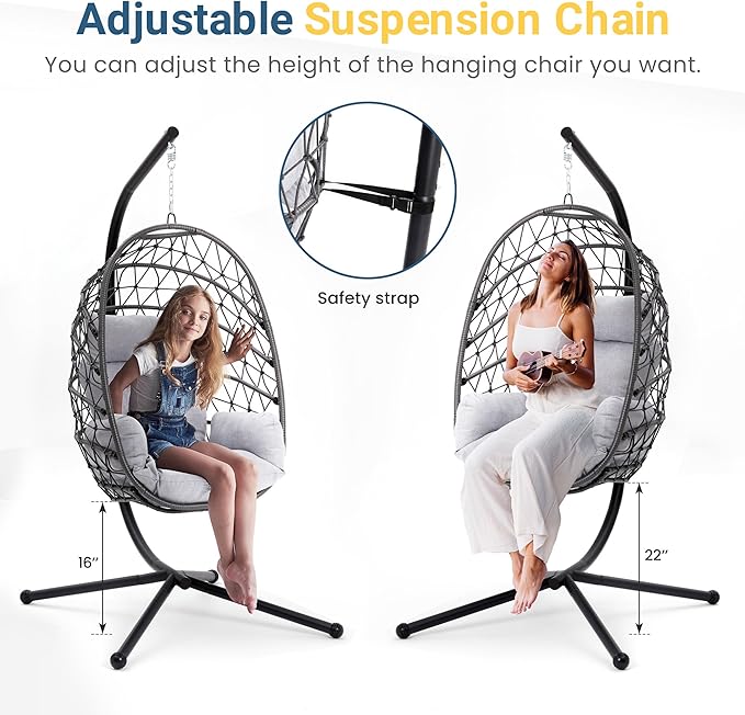 RoyalCraft Hanging Egg Chair Outdoor Swing Chair with Stand, Hammock Chair Indoor, Patio Boho Wicker Hanging Chair with Stand 350lbs Capacity for Garden, Balcony, Bedroom, Black & Gray