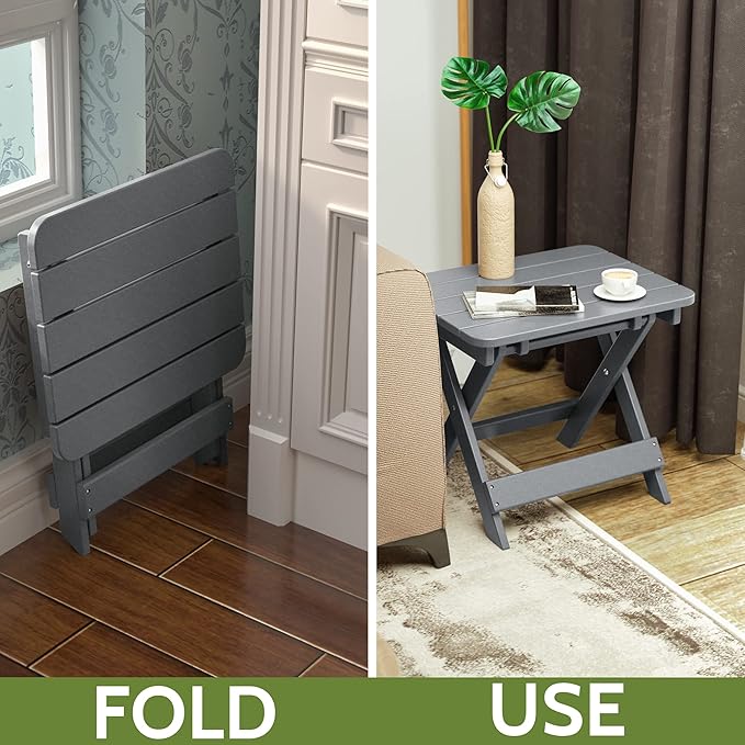 TORVA Outdoor Adirondack Foldable Side Table,Patio End Table for Poolside Garden, Weather Resistant Coffee Table -Plastic High-Density PE（Gray Color-floldable