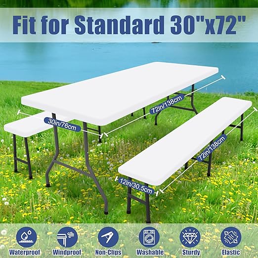 Picnic Table Cover with Bench Covers, Elastic Fitted Spandex Tablecloths for 6 Foot Rectangle Tables, Stretch Washable Patio Tablecloth for Outdoor, Camping (White, 30"x72")