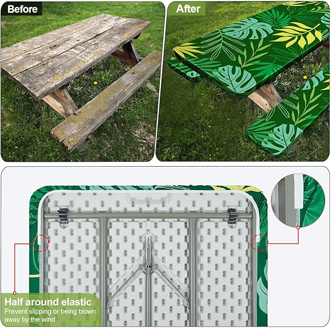 Picnic Table Cover with Bench Covers Camping Essentials Waterproof Windproof Camping Tablecloth with Drawstring Bag, Fitted Rectangle Tables and Seats, 72in, Dark Green