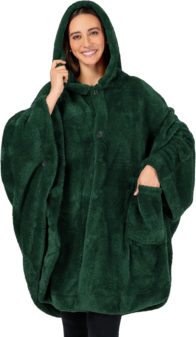 PAVILIA Angel Wrap Hooded Blanket Poncho, Wearable Blanket Throw Wrap Poncho for Women Adult, Cozy Fluffy Sherpa Fleece Shawl Cape with Hood pockets, Warm Gift for Mom Wife, Emerald Green