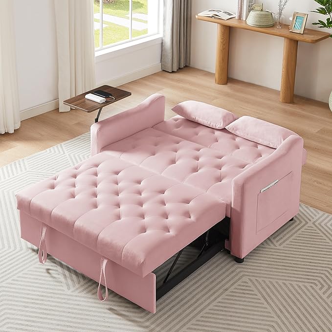 3-in-1 Convertible Sleeper Sofa Bed, Pullout Couch with 360° Swivel Side Table, Modern Chenille Fabric, Easy to Assemble, Folding Loveseat Sofa Bed for Living Room & Guest Room