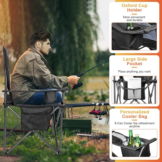 Romswi Oversized Camping Chairs,Heavy Duty Support 500 LBS,Padded Back & Arm Sport Chairs, Cup Holder Cooler Bag, Collapsible Folding Chairs for Outdoor, Fishing & Garden, Black,2-Pack