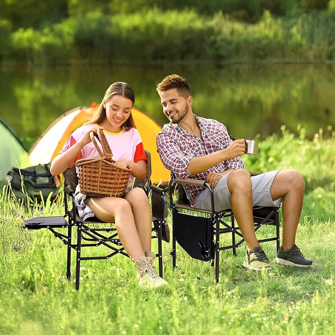 VINGLI Camping Chairs, Directors Chair, Camping Chair with Side Table & Carry Bag，Heavy Duty Camping Chairs for Adults,Portable Folding Camping Chair 2 Pack, for Beach, Fishing,Trip,Picnic,Lawn-Brown