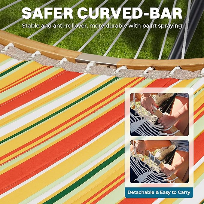 SUPERJARE Hammock with Stand, 2 Person Heavy Duty Hammock with Padded Cotton, Detachable Pillow & Strong Curved-Bar & Portable Carrying Bag, Perfect for Outdoor & Indoor, Orange with Stripes