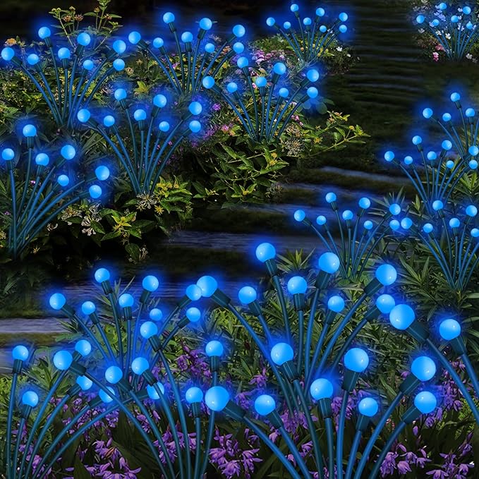 Solar Garden Lights Outdoor, 6 Pack 60 LED Blue Firefly Lights Waterproof, Sway by Wind, Solar Wind Swaying Light for Yard Patio Backyard Garden Planter Flower Bed Pathway Decoration