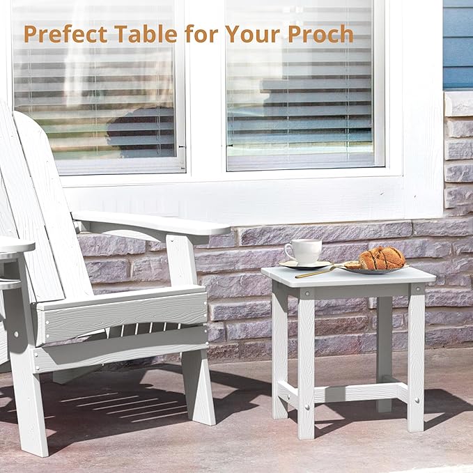 LUE BONA Outdoor Side Table Set of 2, HDPS Small Outdoor Table, Adirondack Side Table, Outside End Table for Patio, Porch, Deck, Pool, Weather Resistant/Easy Maintenance/Indoor or Outdoor Use, White