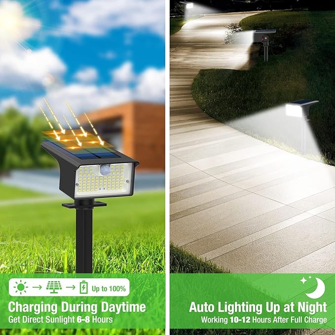 Nipify Solar Spot Lights, 3 Modes 62LED Outdoor Motion Sensor, Waterproof 2-in-1 Solar Landscape Lighting LED Garden Lights for Outside Yard Wall Pathway Walkway, 1 Pack