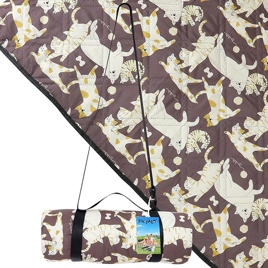 Outdoor Picnic Blanket Brown Cat&Dog 80"x80" Large Sandproof Beach Blanket Waterproof Picnic Blankets Foldable for Caming, Beach, Outdoor Activities.