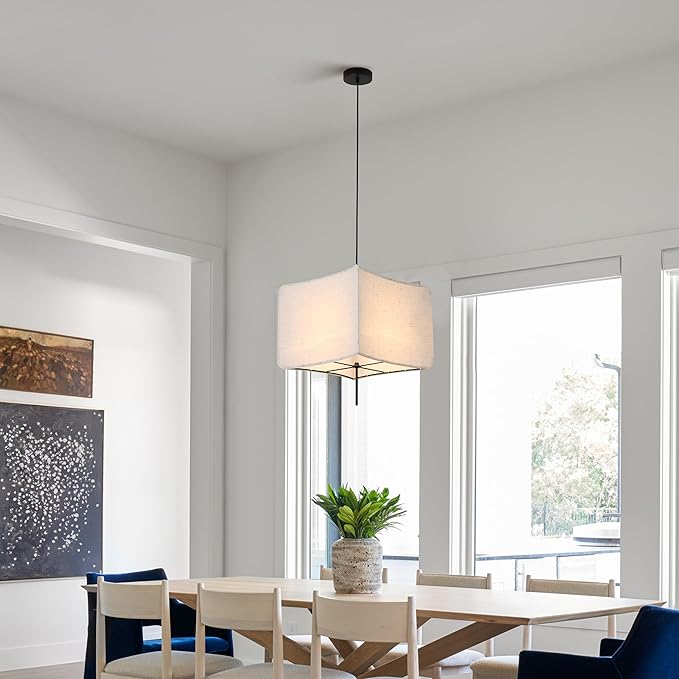 Modern Square Linen Fabric Pendant Light - 74.8??x 14.17??x 14.17?? Adjustable Hanging Light Fixture, E26 Socket (No Bulbs), Minimalist, for Kitchen, Dining Room, Bedroom, Living Room,Corner