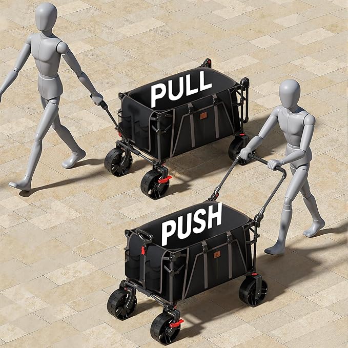 EVER ADVANCED Folding Push Wagon with Brakes, Portable Shopping Cart, Collapsible Wagon Cart with All-Terrain Big Wheels for Camping, Beach, Sports