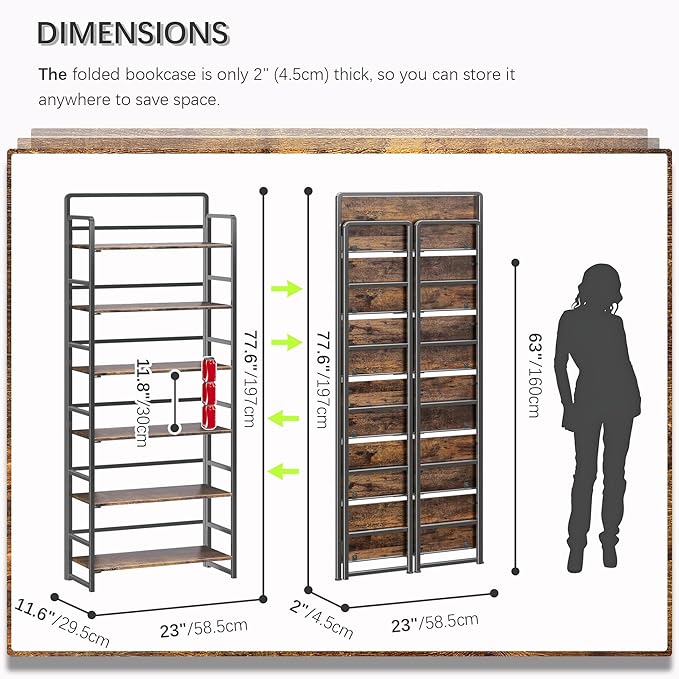 4NM No-Assembly 6 Tiers Folding Bookshelf Storage Shelves Vintage Bookcase Standing Racks Study Organizer Home Office (Rustic Brown Black)