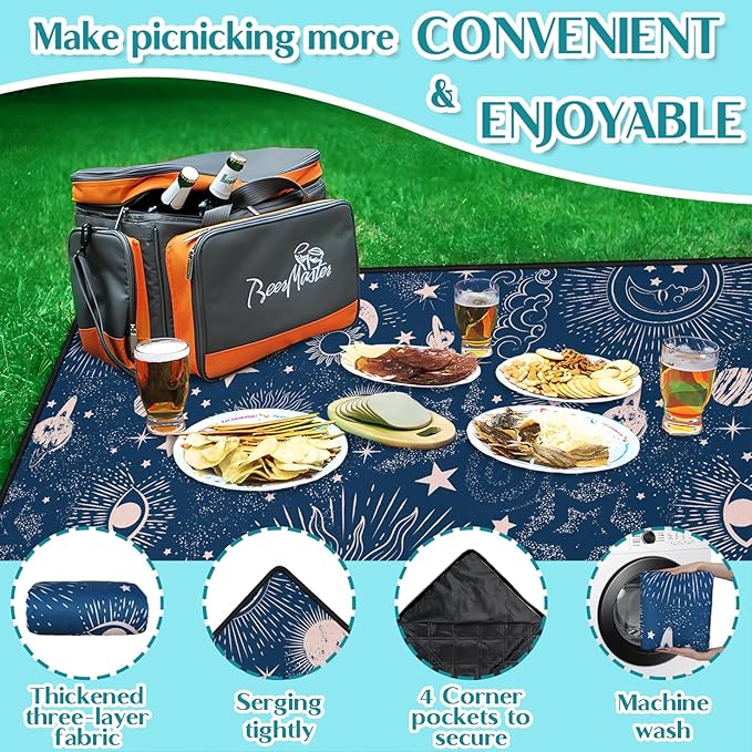 Gothic Picnic Blankets Waterproof Foldable,60″X80″Thick Picnic Mat Blue Outdoor Blanket for Grass, Sun and Moon Beach Blanket Sandproof Picnic Accessories for Camping Party Travel Park Lawn