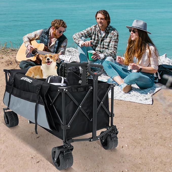 FUNDANGO 600lbs Heavy Duty Wagon, Foldable Beach Collapsible Wagons Garden Cart with Brakes, Side Pockets & All-Terrain Big Wheels for Sports Camping Shopping Groceries, Black