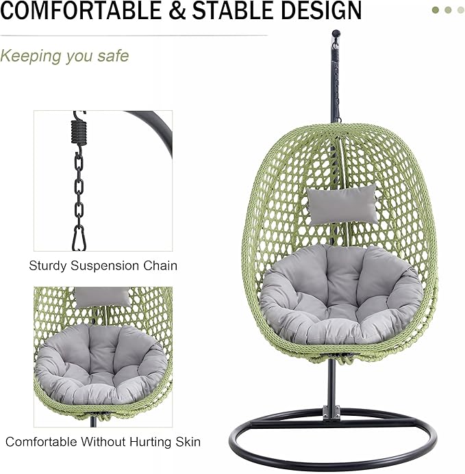 JUFU Egg Swing Chair with Stand for Outdoor and Indoor, Patio Hanging Basket Chair with Cushions and Pillow, Hammock Chair for Bedroom, Balcony, Garden,Durable Aluminum Steel Frame