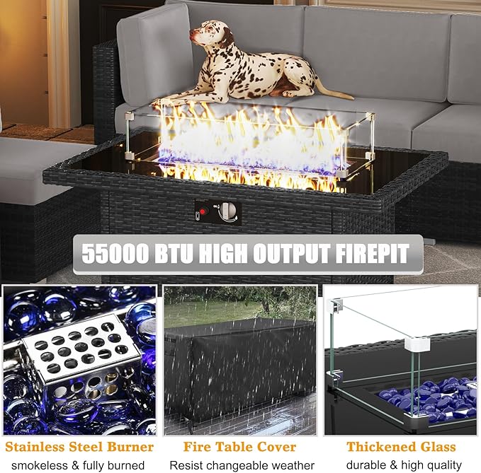 LayinSun 15 Piece Patio Furniture Set with Fire Pit Table, Outdoor Conversation Sets Wicker Rattan Sectional Sofa with Coffee Table