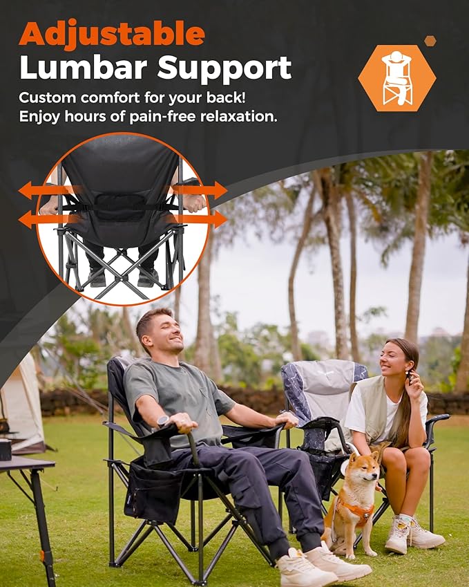 KingCamp Oversized Camping Folding Chair, Heavy Duty 450 LBS with Lumbar Support, Padded seat with Cup Holder&Cooler Bag, Ideal for Camp, Fishing, Sports Event, Backyard, Patio, Lawn (Lava Grey)