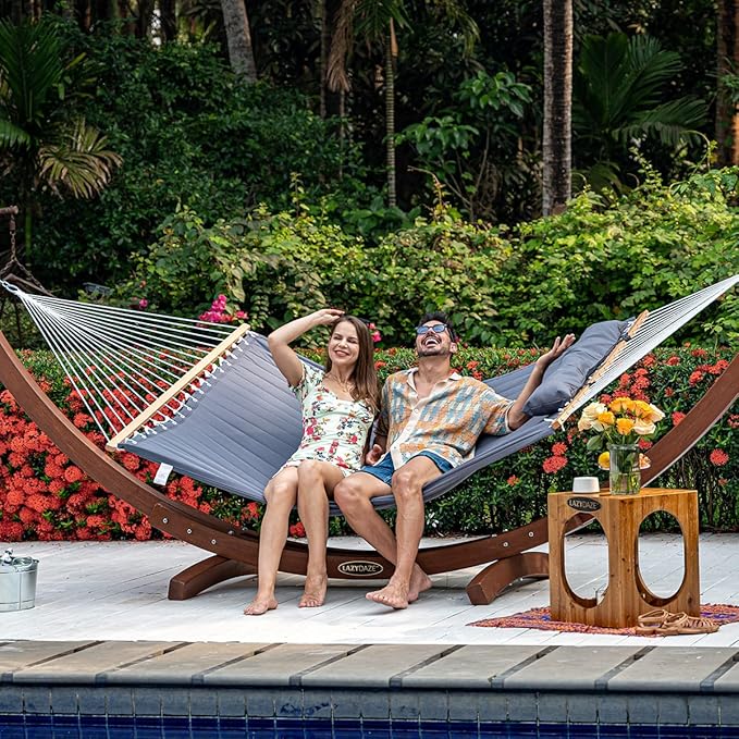 Lazy Daze Hammocks 12 FT Quilted Fabric Hammock with Spreader Bar, 2-Person Double Hammock with Chains and Pillow, Outdoor Hammock for Outside Patio Poolside Backyard Beach, 450 lbs Capacity, Gray