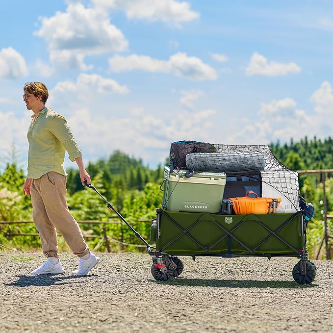 TIMBER RIDGE 51.2" Extended Collapsible Wagon - Heavy-Duty Utility Cart with All-Terrain Wheels, Brakes & Cargo Net, 400L Capacity for Camping, Sports & Shopping, Green
