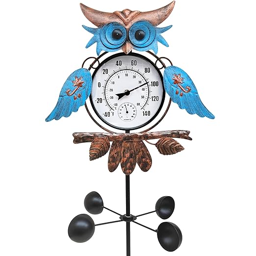 Outdoor Thermometer for Patio - Owl Garden Stake Thermometer with Wind Spinner Design - 60 inch Outside Temperature Gauge for Yard - Easy to Read, Durable & Weatherproof - Garden Decor
