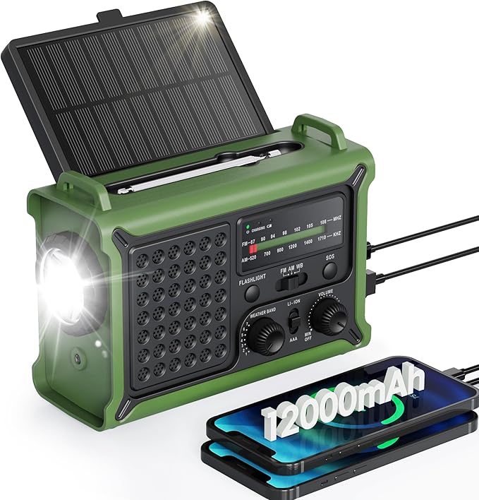 Emergency Weather Radio with Large Solar Panel, Efficient Hand Crank & Real 12000mAh Battery | AM/FM/NOAA Bands, LED Flashlight, Reading Lamp, SOS Alarm & Phone Charger for Camping & Emergencies