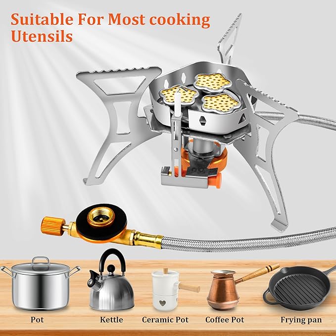 6800W Portable Windproof Camping Stove - Foldable Backpacking Stove with Piezo Ignition, Fuel Canister Adapter & Carry Case for Outdoor Cooking, Hiking & Picnics