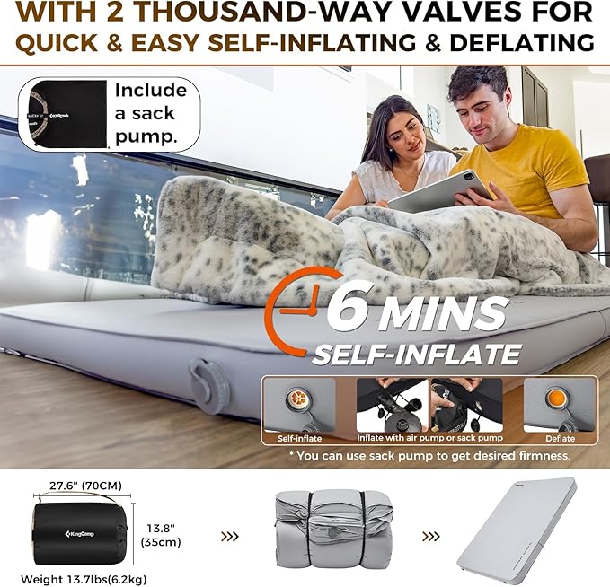 KingCamp Self Inflating Camping Pad, Ultra 6" Thick or Ideal 3" Thcik High R Value Air & Foam Camping Mattress, Full Size Double Sleeping Pad 2 Person for Camp Tent Outdoor Car, Multi Colors, PVC Free