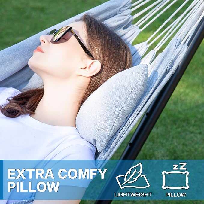 PNAEUT Double Hammocks with Stand for Outside, Portable Space Saving Heavy-Duty Steel Stand for Indoor Outdoor Patio with Carrying Bag, 450 lbs Capacity (Gray)