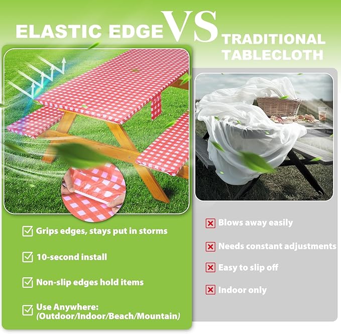 Fitted Picnic Table Cover with Bench Covers Vinyl Waterproof Elastic Edges Fitted Rectangle Tables Patio Tablecloth Camping Gear and Essentials Rv Accessories Road Trip Supplies Car Travel Must Haves