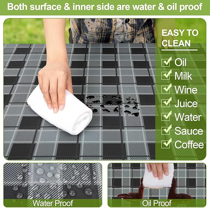 Picnic Table Cover with Bench Covers Camping Essentials Waterproof Windproof Camping Tablecloth with Drawstring Bag, Fitted Rectangle Tables and Seats, 72in, Small Gray Plaid