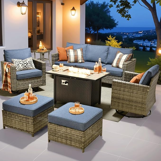 ovios 7 Pieces Patio Furniture Set with 42" Fire Pit Table, Outdoor Wicker Sofa with Swivel Chairs, All Weather High Back Rattan Couch Conversation Set, Denim Blue