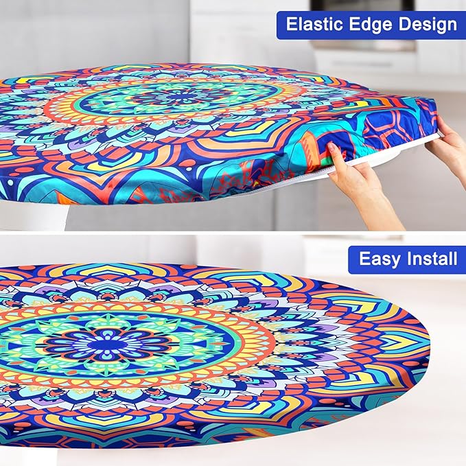 Round Tablecloth Fitted Elastic Table Cover Waterproof Table Cloth for Dinner, Party, Picnic,Camping, Round Table Cover for Indoor Outdoor