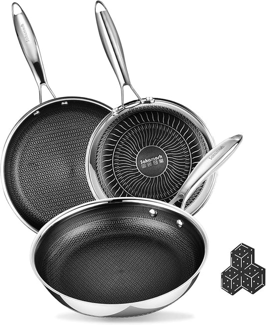 Non Stick Frying Pans Set, Hybrid 8" 9.5" 11" Frying Pan Set, Skillet with Stay-Cool Handle, Non Toxic, PFAS PFOA PTFE Free, Dishwasher & Oven Safe, Induction, Compatible with All Cooktops