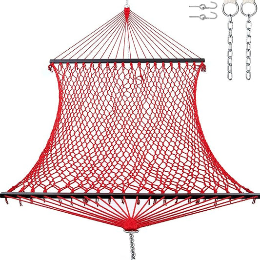12ft Double Hammocks, Handwoven Traditional Cotton Rope Hammock with Hardwood Spreader Bar, Chains and Hooks for Indoor Outdoor, Max 450 lbs Capacity (Cherry, Full)
