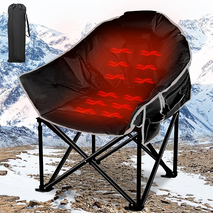 Oversized Heated Camping Chair, 3 Heat Levels Portable Heated Folding Chairs, Camping Heated Chair for Adults Supports 440 lbs, Heavy Lawn Chair for Camping/Patio/Outdoor Sport