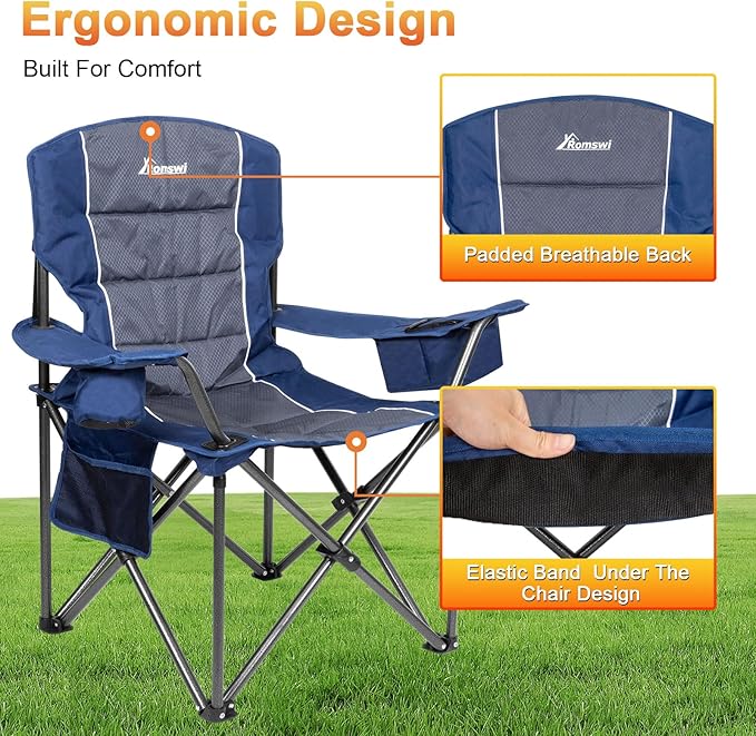 Romswi Oversized Camping Chairs,Heavy Duty Support 500 LBS,Padded Back & Arm Sport Chairs, Cup Holder Cooler Bag, Collapsible Folding Chairs for Outdoor, Fishing & Garden, Blue,2-Pack