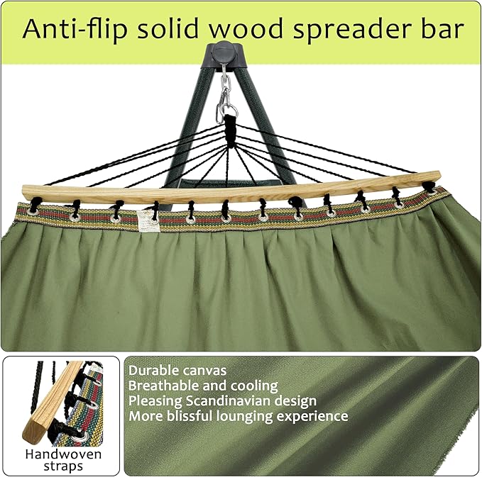 Tranquillo Sturdy Steel Hammock Stand with Premium Cotton Canvas, 600 lbs Capacity Folding Hammock Stand, Portable Hammock 30-Second Fold Unfold Spacious Hammock Design, Sage