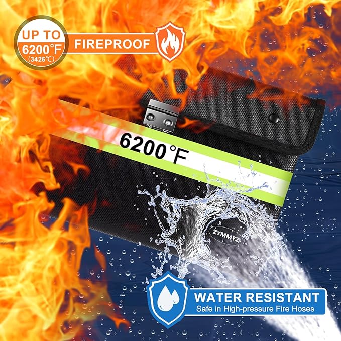 Upgraded Insulated FireProof Money Bag with lock for Cash,6200℉ Fireproof&Waterproof Document Pouch with Water Resistant Zipper Envelopes for Important Documents,Valuables（Not Suitable for A4 Files）