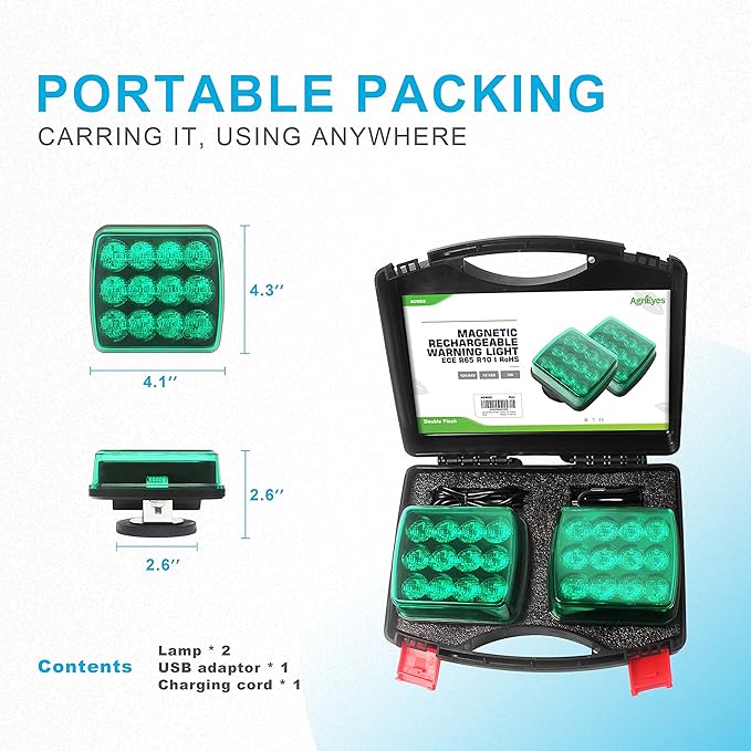 Agrieyes 2Pcs Wireless Emergency Strobe Lights for Trucks,Vehicles, Rechargeable Led Beacon Lights with Super Magnetic, Plow Flashing Hazard Warning Light for Tractor,Automotive, Boat (Green)