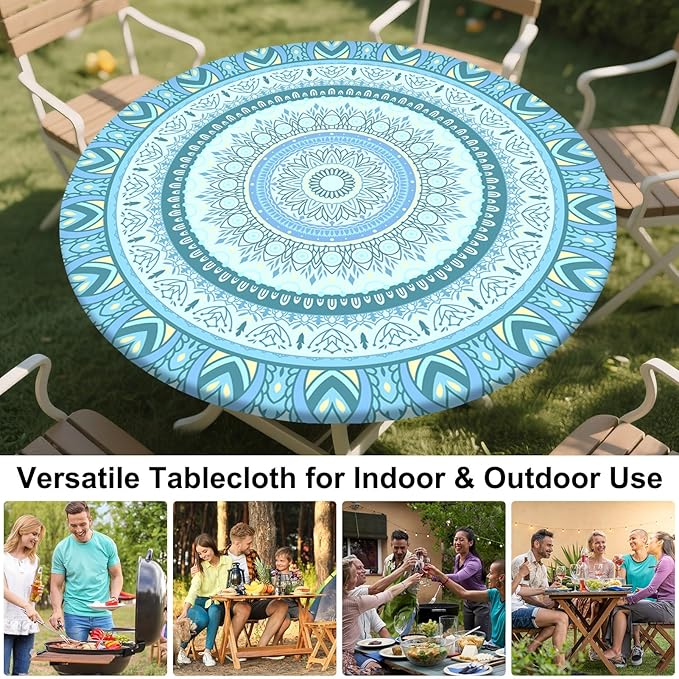 Round Tablecloth Fitted Elastic Table Cover Waterproof Table Cloth for Dinner, Party, Picnic,Camping, Round Table Cover for Indoor Outdoor
