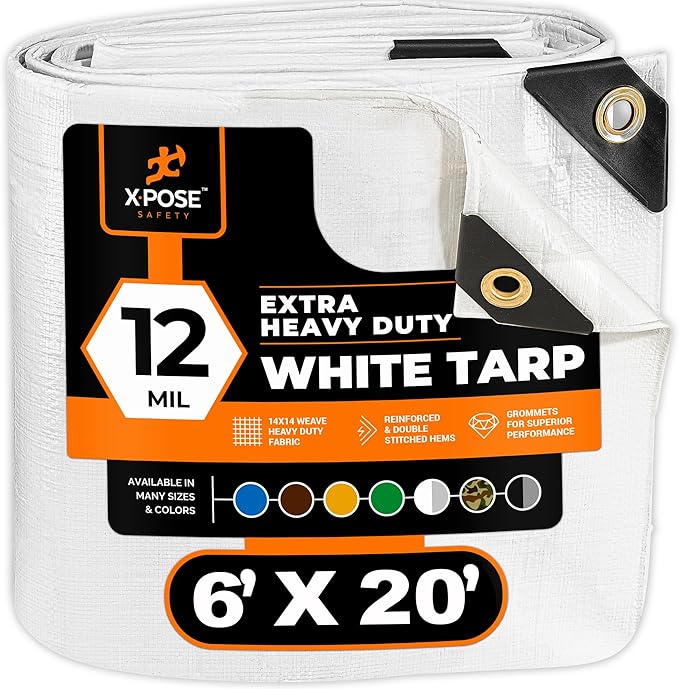 Heavy Duty White Poly Tarp 6' X 20' - Multipurpose Protective Cover - Durable, Waterproof, Weather Proof, Rip and Tear Resistant - Extra Thick 12 Mil Polyethylene - by Xpose Safety