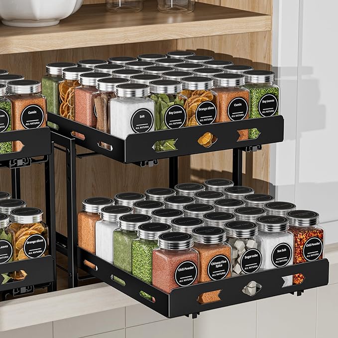 Pull Out Spice Rack Organizer for Cabinet, 2 Tier Cabinet Spice Rack Organizer, Height Adjustable Vertical Spice Rack for Kitchen Cabinet (11.9''Wx10.8''Dx9.2''H, Metal Black)
