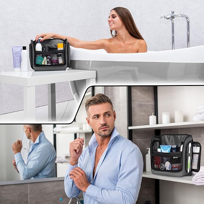 Travel Toiletry Bag for Men and Women - Large Hanging Toiletry Organizer - Waterproof Hygiene Bag with Metal XXL Swivel Hook, with Sturdy Zippers and 19 Compartments for Toiletries, Makeup, Cosmetics